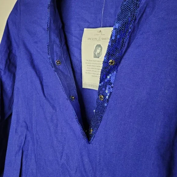 Jaclyn Smith Top Linen Blend Womens Tunic Blue Small 3/4 Sleeve Sequin Resort - Picture 3 of 12